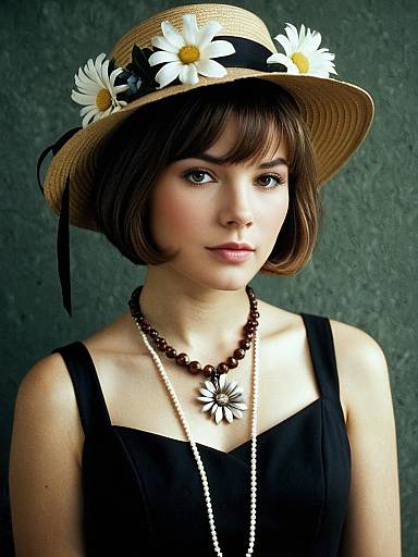 Young Woman Wearing Floral Straw Hat and Black Dress