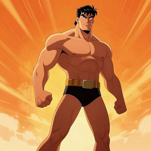 Muscular anime man with black hair, blue eyes, and black briefs, standing confidently against a bright orange, sunburst background. Digital art.