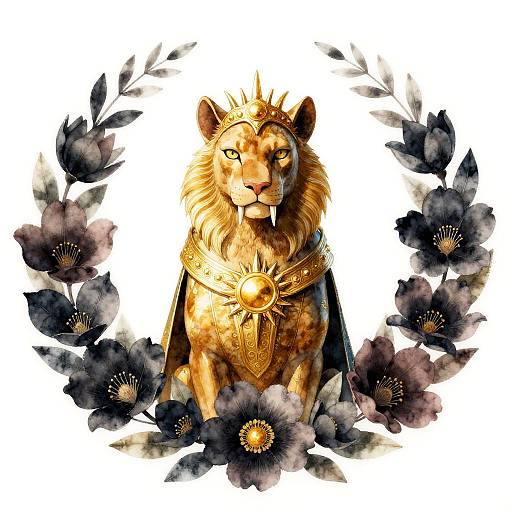 Regal Watercolor Sphinx with Gold Armor and Dark Floral Wreath