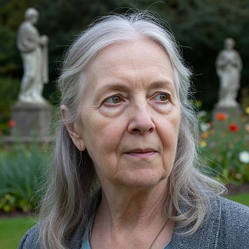 Photograph of an elderly woman with long silver hair, fair skin, and subtle smile, wearing a gray cardigan, standing in a garden with two