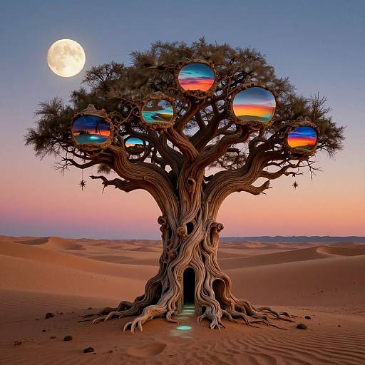 Photorealistic digital art: surreal desert tree with twisted trunk, seven circular mirrors reflecting sunset, full moon above, sandy dunes.