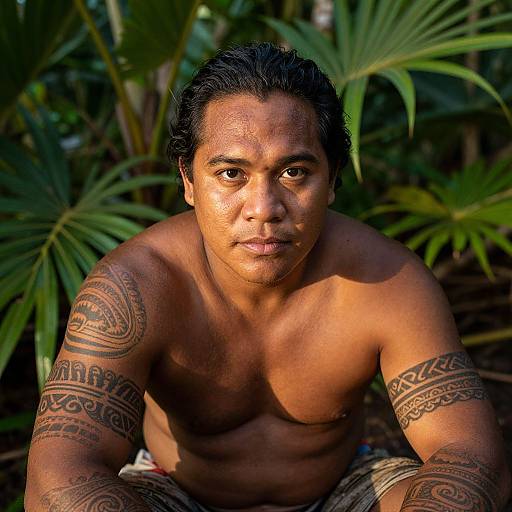 Photograph of a shirtless, muscular, tattooed man with dark hair and tan skin, sitting outdoors among lush green plants, sunlight highlighting his face