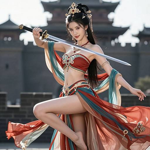 Digital artwork of an Asian warrior woman with long black hair, wearing a red and green flowing outfit, holding a sword, poised in a dynamic, mid