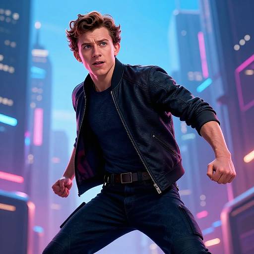 Photograph of a determined, curly-haired man in a black leather jacket and jeans, fists clenched, standing in a neon-lit, futuristic city