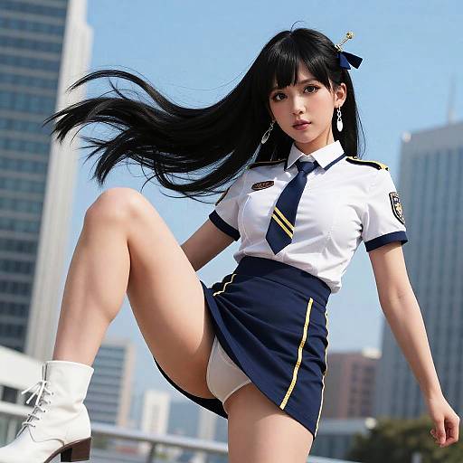 CGI anime-style photograph of an Asian woman with long black hair, wearing a white shirt, navy skirt, and white panties, striking a dynamic pose