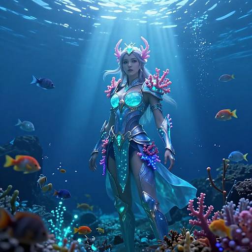 Photorealistic digital artwork: A glowing blue-haired mermaid queen with coral and fish-adorned armor, standing in an underwater coral reef, illuminated