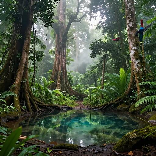 Photograph of a lush, misty jungle with towering trees, vibrant green ferns, and a reflective, turquoise natural pond at the forest floor.
