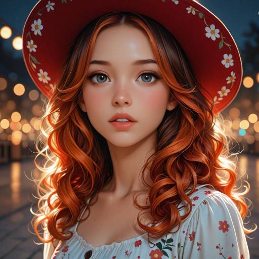 Young Woman with Red Curly Hair and Floral Hat
