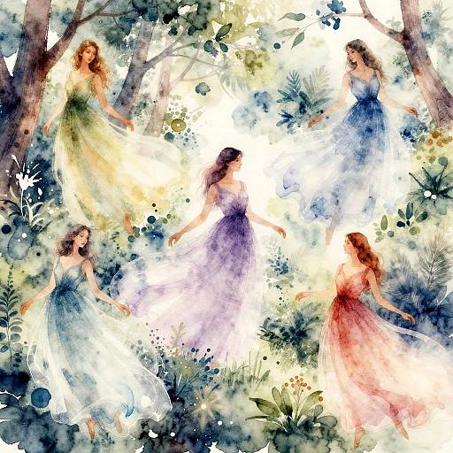 Watercolor painting of five ethereal women in flowing dresses, surrounded by lush forest foliage. Bright colors, soft textures, and dreamlike atmosphere.