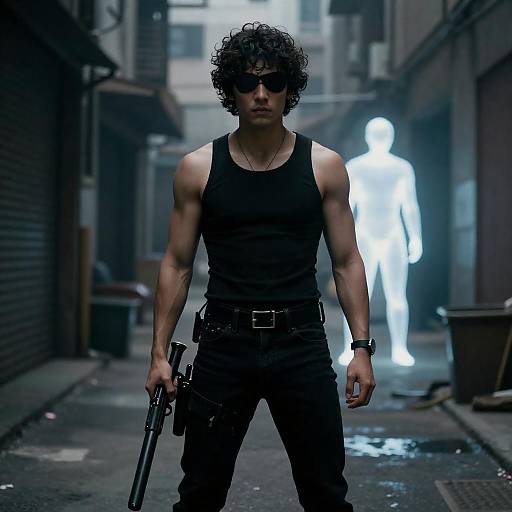 Muscular Eyepatch Gunman in Dimly Lit Alley