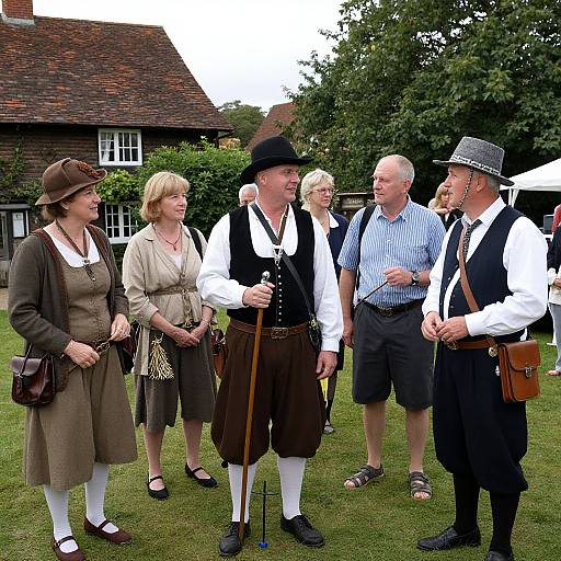 Photograph of six adults in traditional Bavarian attire, standing on a grassy lawn, discussing, with a rustic house and trees in the background.