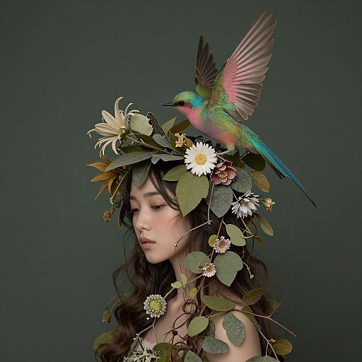 Photograph of an Asian woman with long dark hair, wearing a floral and leafy crown, with a colorful hummingbird perched on her head against