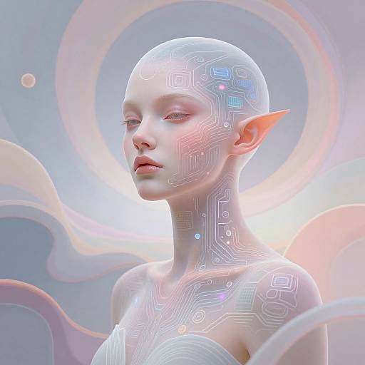 Digital CGI of a pale-skinned, bald, elf-like female with glowing circuit patterns on her face and neck, set against a pastel, swirling