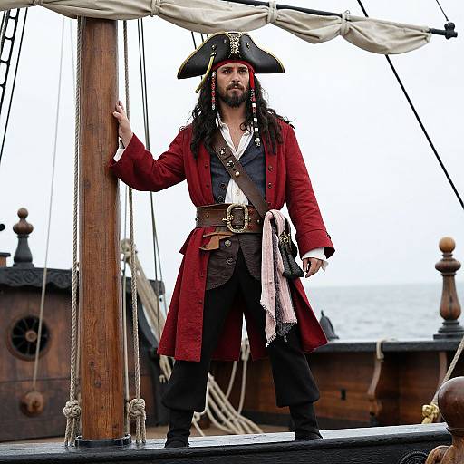 Photograph of a bearded man in a red pirate coat, black tricorn hat, and brown pants, standing on a wooden ship deck. He