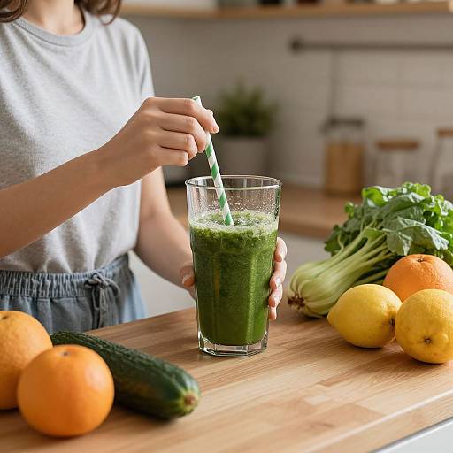 Photograph of a person in a grey shirt, drinking a green smoothie with a white straw, surrounded by oranges, lemons, cucumbers