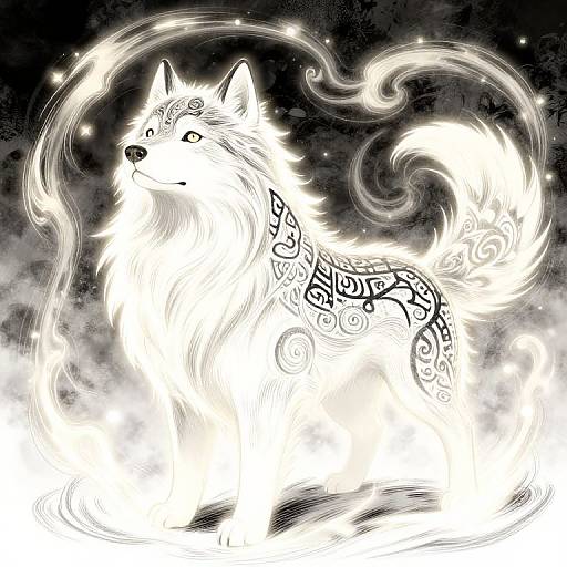 Digital drawing of a white, mystical, long-haired wolf with intricate black tribal patterns, glowing tail, and swirling lights against a dark background.