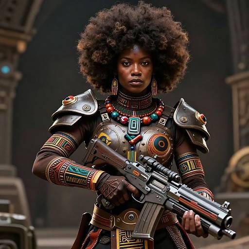 Digital artwork of an Afro-Woman with a large afro, wearing ornate, colorful armor, holding a futuristic rifle, set in a sci-fi