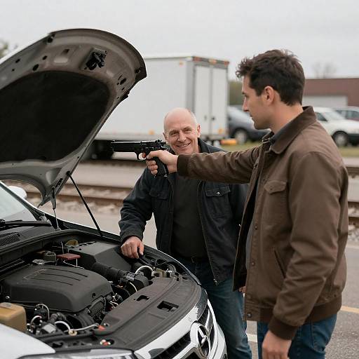 Man Aiming Gun at Open Car Hood