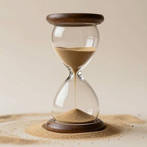 Photograph of a clear glass hourglass with dark wooden top and bottom, filled with brown sand, standing on a sandy surface against a light beige background