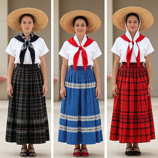 Photograph of a woman in three outfits: white shirt with black plaid skirt, white shirt with blue plaid skirt, white shirt with red pl