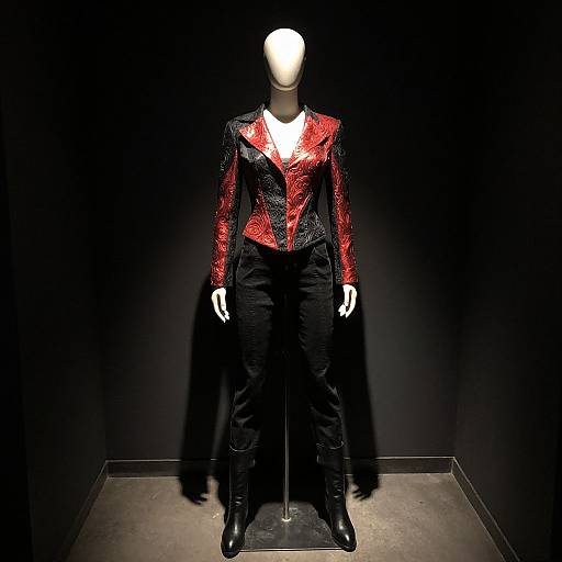 Photograph of a headless mannequin in a striking red and black sequined jacket with long sleeves, black pants, and black boots, against