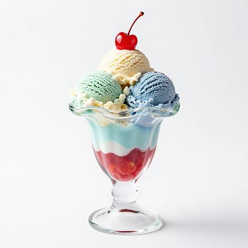 Photograph of a clear glass dessert dish filled with colorful ice cream scoops (green, blue, yellow), red berries, and a red cherry on