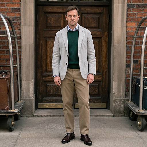 Photograph of a handsome man with short brown hair, wearing a light gray blazer, green sweater, beige pants, and black shoes, standing in