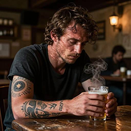 Tattooed man with curly brown hair, black shirt, holding smoky glass of amber liquid in dimly lit, rustic bar.