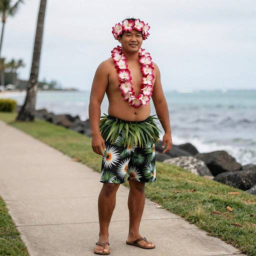 Man in Hawaiian Fancy Costume by Ocean