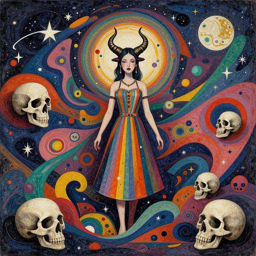 Digital artwork of a horned woman in a rainbow dress, surrounded by swirling colors, skulls, stars, and a glowing moon.