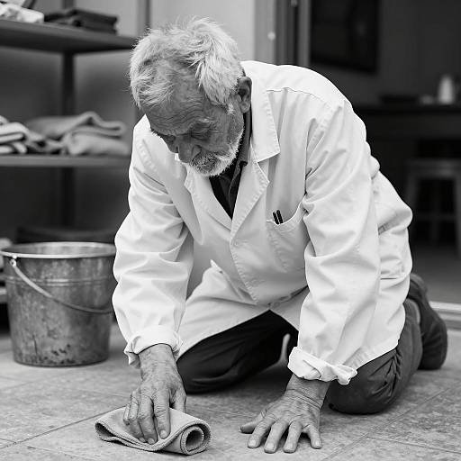 Elderly Man Cleaning Tiled Floor