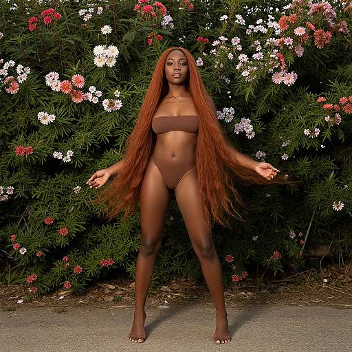 Photograph of a dark-skinned woman with long, straight auburn hair wearing a brown strapless bikini, standing barefoot in front of a