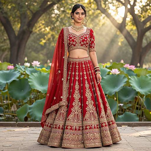Embroidered Red Lehenga in Garden