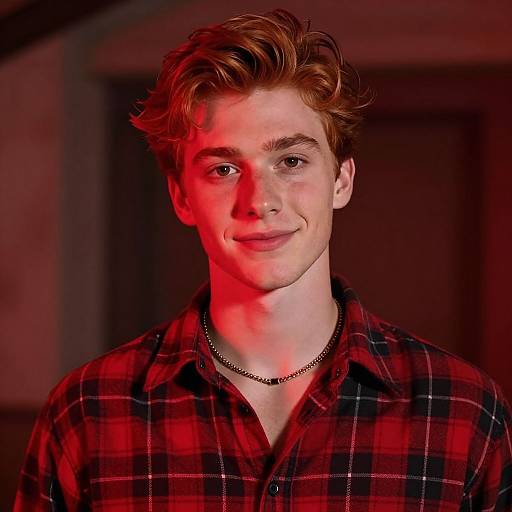 Photograph of a young man with tousled red-brown hair, fair skin, wearing a red plaid shirt and black chain necklace, smiling under
