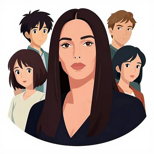 Digital illustration of a group of five anime-style characters, centered on a confident woman with long black hair, surrounded by four others with varying expressions and hairstyles