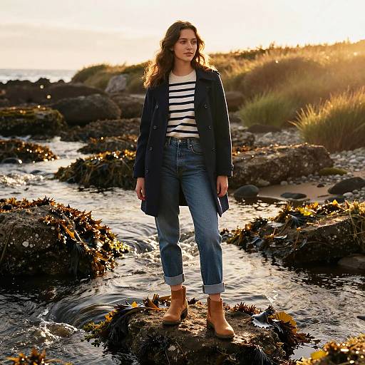Young Woman on Rocky Coastal Shore at Sunset