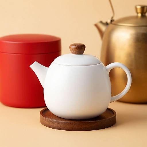 Photograph of a white ceramic teapot with wooden lid, on a dark wooden coaster, beside a red tin and a brass kettle.