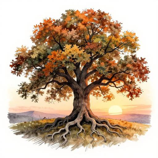 Colorful digital drawing of a large, leafy tree with orange and red autumn foliage, exposed roots, and a sunset sky in the background.