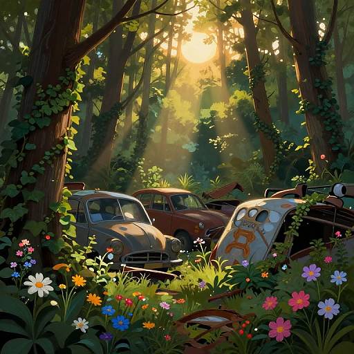 Photograph-style digital art of sunlit forest with two vintage cars, vines, and colorful flowers, creating a nostalgic, enchanted atmosphere.