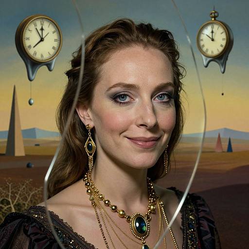 Digital artwork of a smiling fair-skinned woman with blue eyes, wearing gold jewelry and black lace, against a surreal desert backdrop with floating clocks.