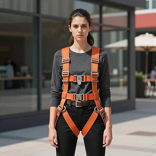 Young Woman in Orange Safety Harness