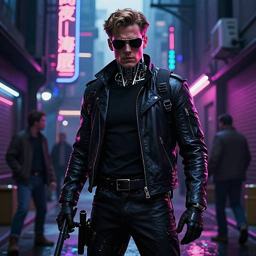 Photorealistic digital artwork: Brooding man in black leather jacket, sunglasses, and gloves, holding a gun, stands in a neon-lit,