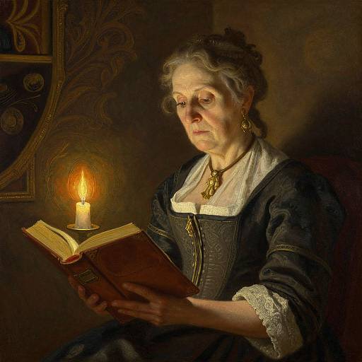 Baroque-style painting of an elderly woman with white hair, dressed in a dark, ornate dress, reading a book by candlelight.
