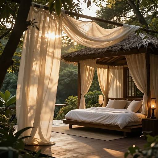 Photograph of a serene tropical bungalow with a thatched roof, white curtains draping around a wooden bed, illuminated by sunset.