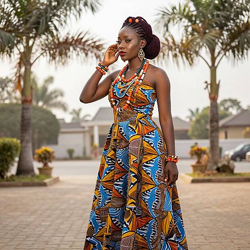 Photograph of a confident Black woman in an orange, blue, and yellow African-patterned dress, adorned with orange jewelry, standing in a palm-tree