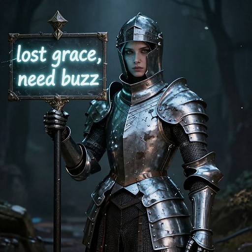 Photorealistic digital image of a female knight in shiny, reflective armor, holding a glowing sign reading 