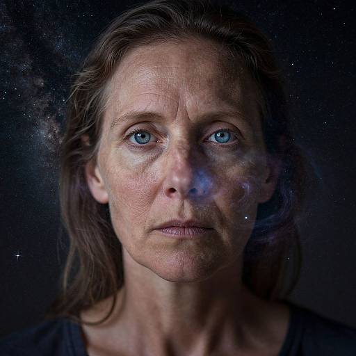 Photograph of a middle-aged woman with blue eyes, weathered skin, and brown hair against a dark, starry background, evoking a cosmic