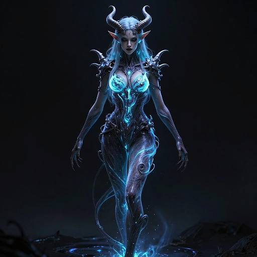 Digital CGI of a glowing blue, demonic female figure with horns, long white hair, and intricate armor, walking against a dark background.
