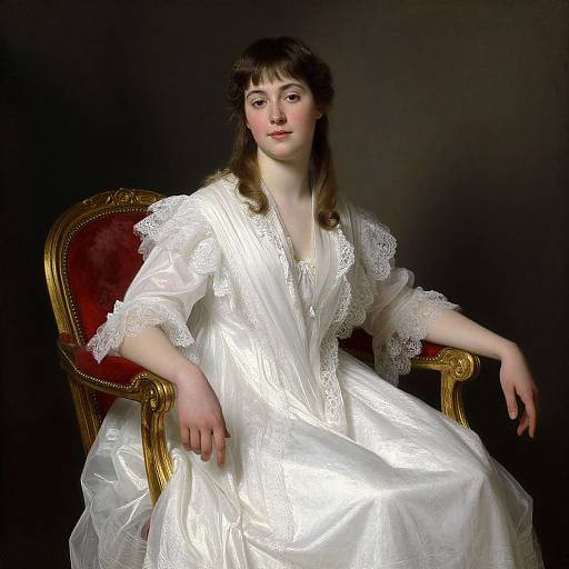 Photograph of a pale-skinned woman with brown hair, wearing a white, lace-trimmed dress, seated on a red and gold ornate
