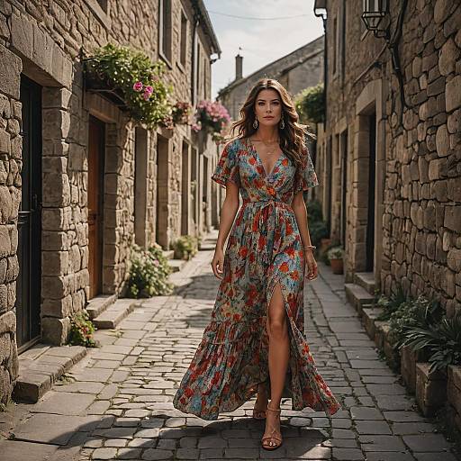 Woman Walking in Stone Alleyway in Floral Dress